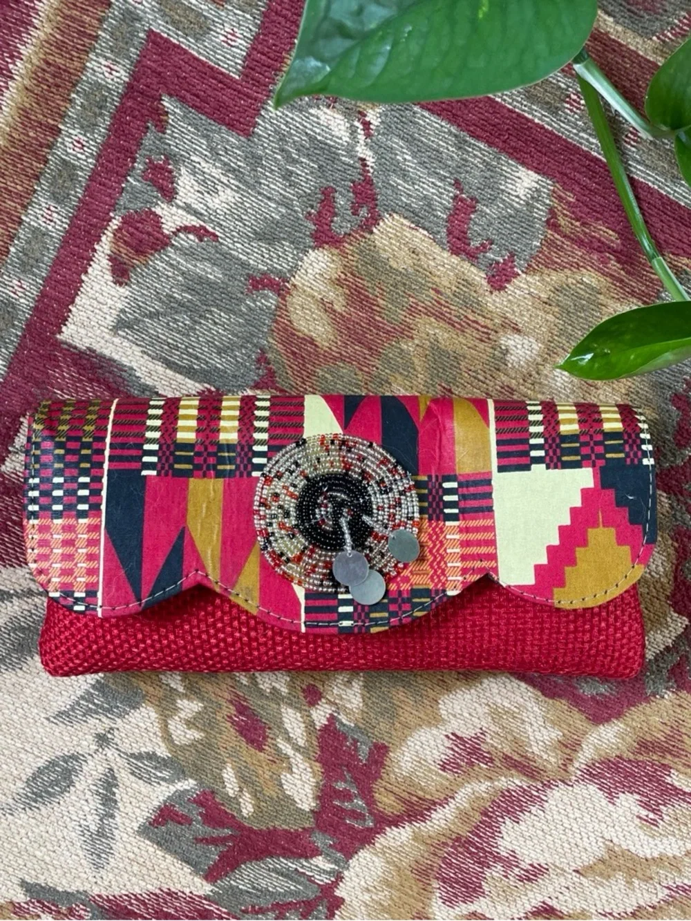 Patterned Red Scalloped Clutch with Beaded Accent